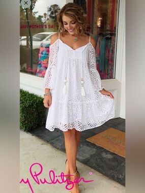 Lilly Pulitzer white lace Alanna off the shoulder boho flowy swing dress XS EUC